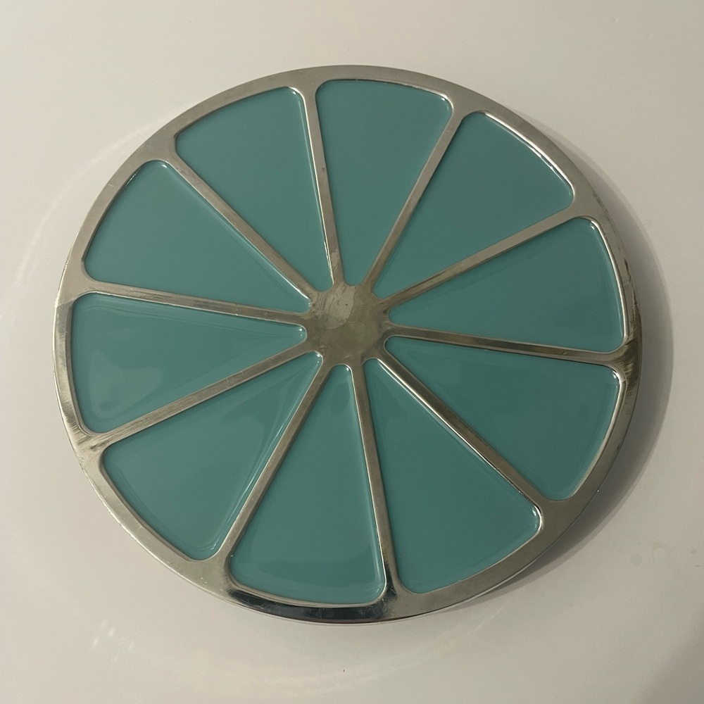 Crate & Barrel Teal and Silver Colour Metal Trivet Footed 7” Diameter